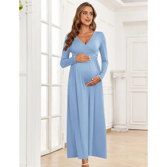 blue long sleeve maternity maxi dress 3/4 Sleeve Maternity/Nursing Maxi Dress main image 0
